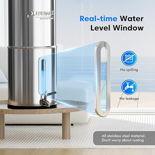 Purewell 2.25G Gravity Water Filter System with Water Level Window, 3-Stage Stainless Steel Countertop System with 2 Washable Ceramic Filters and Stand, Reduce up to 99% Chlorine, PW-KST