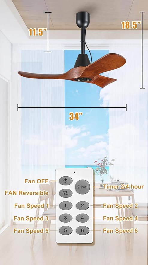 3 Blades Wood Outdoor Ceiling Fan for Patios, Farmhouse Rustic Ceiling Fans, 34" Plug-in Wet Rated Outdoor Gazebo Fan for Exterior House Porch Patio, Waterproof,F246