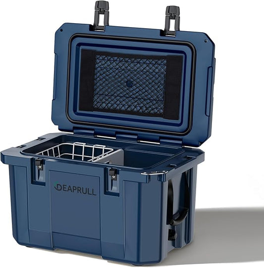 Hard Cooler, Insulated Ice Chest Box Holds Ice for More Days, Portable Cooler with Handle, Cup Holders, Double Latches for Camping Drink, Beach, Picnic, Fishing, Boat, Barbecue