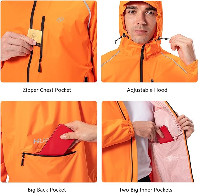 Men's Cycling Running Rain Jacket Lightweight Waterproof Biking Hiking Windbreaker Raincoat Reflective Packable