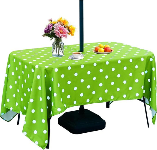 SquarePie Outdoor Tablecloth Rectangle with Umbrella Hole and Zipper Waterproof Stain Resistant Table Linen Cloth for Patio Picnic Garden Party, 52x70 Green Polka Dot