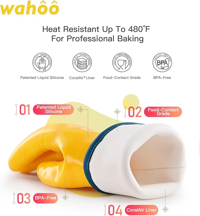 wahoo Professional Liquid Silicone Oven Mitts Gloves, Heat Resistant Gloves for Cooking, Baking, CoralAir Liner, 12 Inch, Yellow, X-Large