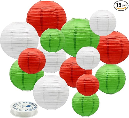 Paper Lanterns Party Decorations Red White Green - Hanging Paper Lanterns Indoor Outdoor - Christmas Fiesta Mexican Supplies Patrick's Day Decoration, 15pcs