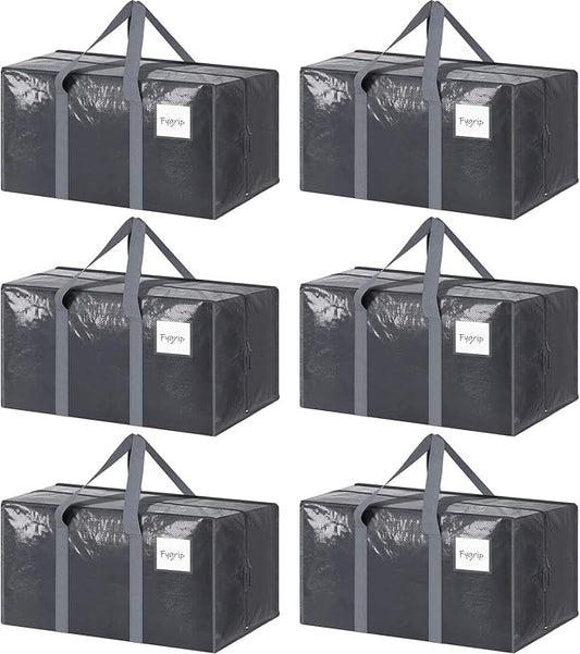 6 Pack Extra Heavy Duty Large Moving Bags with Strong Zipper & Comfortable Handles, Sturdy & Durable Clothes Storage Bags Totes Bins, Packing Moving Boxes for College Supplies, Gray