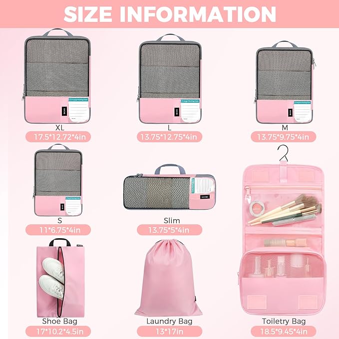 BAGAIL 4/6 Set/8 Set Compression Packing Cubes Travel Accessories Expandable Packing Organizers(HalfMesh, 8-Pink)