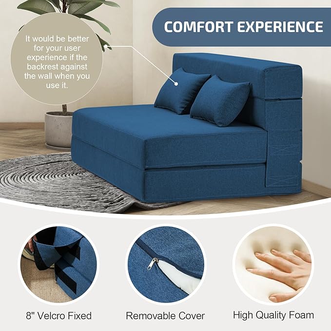 Folding Sofa Bed with Pillows- Convertible Chair Floor Couch & Sleeping Mattress, Foldable Memory Foam Sleeper for Living Room/Dorm/Guest Room/Home Office/Apartment/Loft, Full, Navy Blue