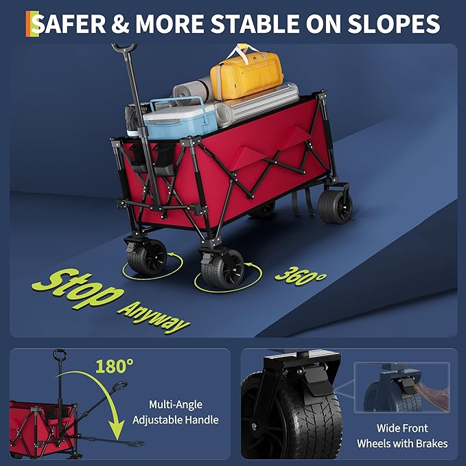 Heavy Duty Foldable Wagon for Beach, Extra Large Collapsible Foldable Wagon for Camping, All Terrain Beach Wagons Extended with Cup Holders for Sand