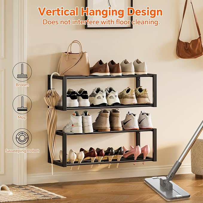 Homeiju Hanging Shoe Organizer,2 Pack Wall Mounted Shoe Rack Holds 12 Pairs,Space Saving Metal Wall Shoe Rack,Hanging Shoe Rack Shoe Holder for Small Space,Entryway,Closet,RV,Camper（Black