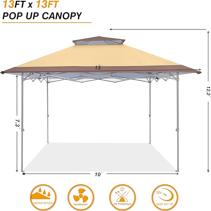 COOSHADE 13x13Ft Pop Up Canopy Tent Instant Folding Shelter 169 Square Feet Large Outdoor Sun Protection Shade(Beige)