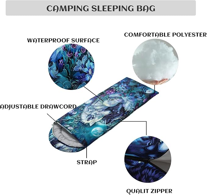 Sleeping Bags for Adults and Kids，3D Printing Camping Sleeping Bag for Girls Boys Lightweight Waterproof Cold/Warm 3-Season，Outdoor Travel with Compression Bags