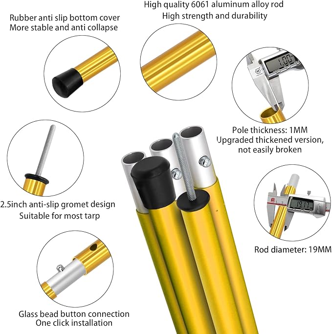 SAN LIKE Aluminum Tent Poles for Tarp & Awnings - 75in Adjustable, Collapsible Poles - 2 Sets (5 Sections)