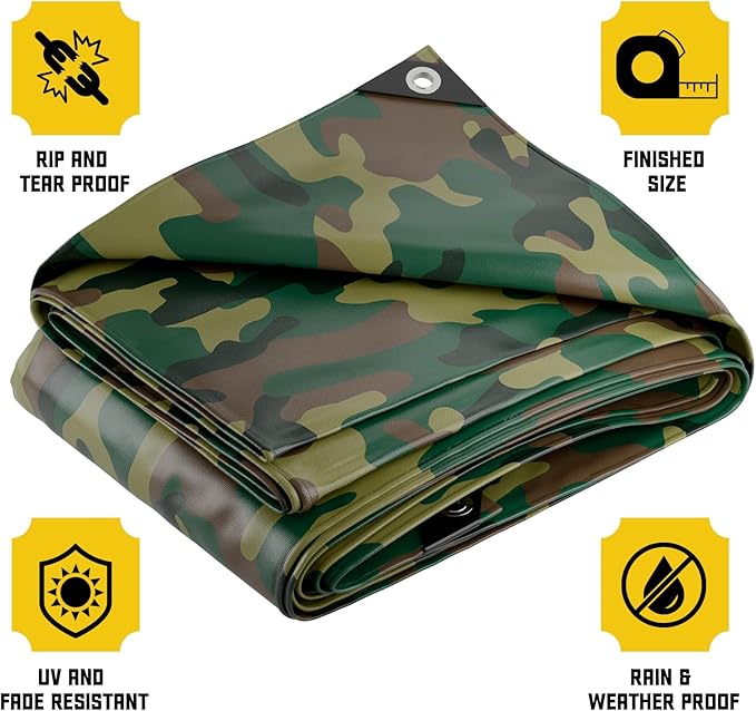 Core Tarps Extreme Heavy Duty 20 Mil Tarp Cover, Waterproof, UV Resistant, Rip and Tear Proof, Poly Tarpaulin with Reinforced Edges for Roof, Camping, Patio, Pool, Boat (Camouflage/Green 12′ X 20′)