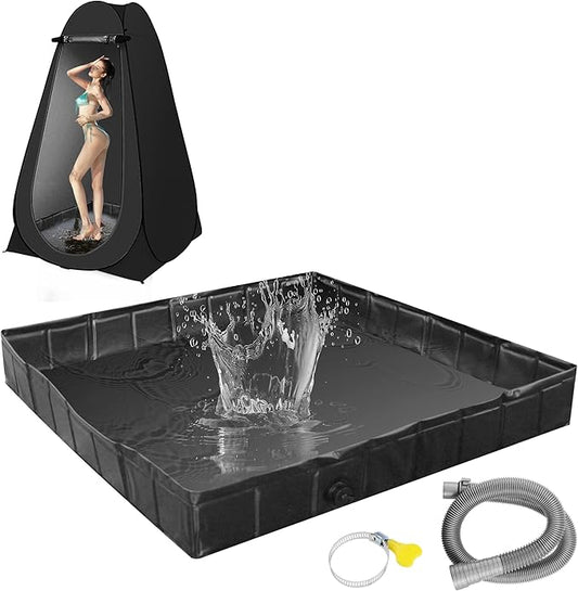41"x41"x5" Portable Shower Pan Camping Shower Base Collapsible Temporary Shower Stall with Drain Hose Durable Foldable Basin for RV Outdoor Bathing Pets Tent Indoor Outdoor Use