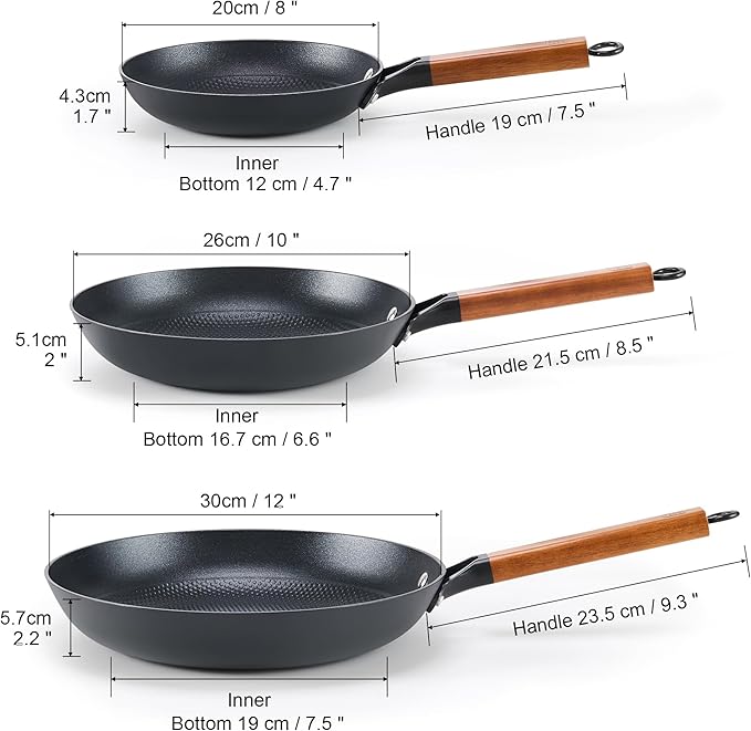 DM Cast Iron Skillet, 3 Piece Nonstick Frying Pan Set, 8” 10” 12” with Detachable Acacia Wooden Handle, Honeycomb Non stick Omelet Egg Pan, Easy Clean Oven Safe Pans for Cooking