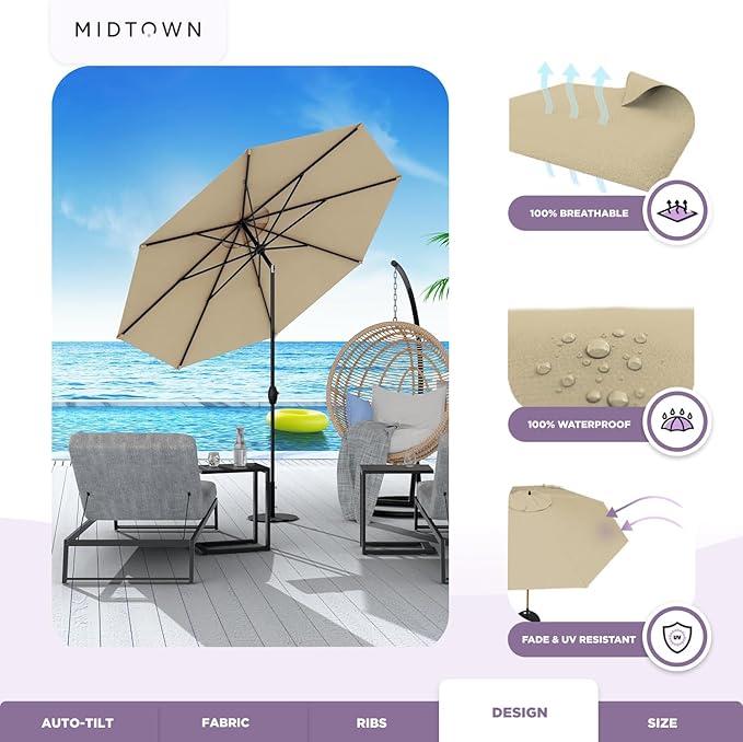 Midtown Umbrellas Sunbrella Umbrella 8 Feet Outdoor Umbrella With Sunbrella Heather Tan Acrylic Fabric - Auto-Tilt Aluminum Frame Patio Umbrella For Backyard, Deck, Garden, Pool - Black Pole