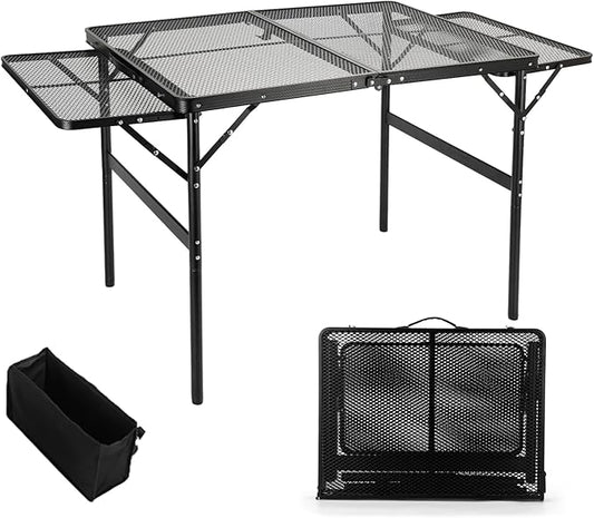 Grill Table Folding Table with 2 Wing Panels 3FT+1.4 FT with with 1×2/5 L Storage Bag Mesh Desktop 2 Height Adjustable Portable Grill for Outdoor Indoor Beach BBQ Picnic Travel RV Black