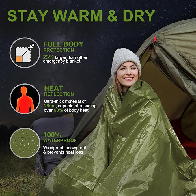 3-Pack Emergency Blanket, Extra-Thick Extra-Large Survival Blanket, Thermal Reflective Emergency Thermal Blanket for Outdoor Adventures, for Camping, Hiking, and Car Emergencies (Army Green)