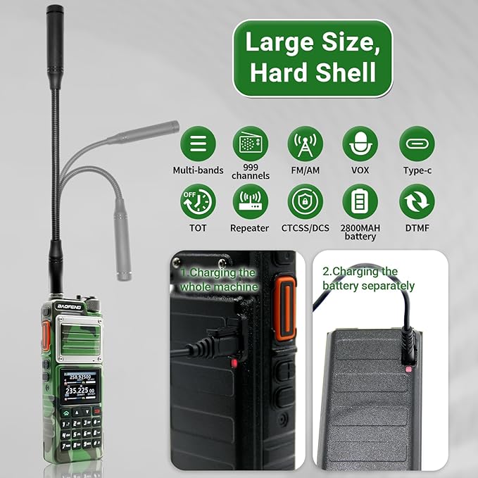 BAOFENG UV-25 PRO 10W Heavy Duty Radio Handheld Tri Band Baofeng Waterproof Radio Tri Band Ham Radios 999CH 5200MAh BatteryType-C Charging UHF VHF MW FM Air NOAA Multi-Band Receiver (Green)
