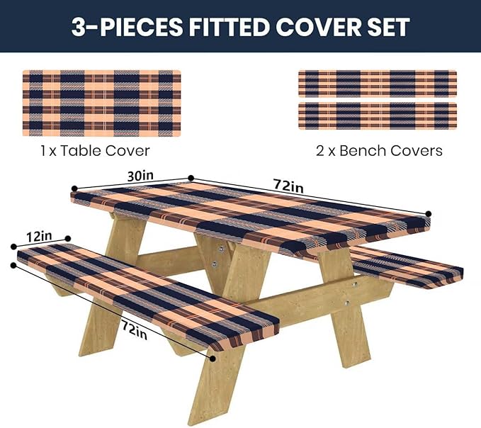 CAPSCEOLL Fitted Picnic Table Cover with Bench Covers with Elastic 6Ft Waterproof Camping Picnic Table Cover Cloths for Outdoors Camping Tablecloth with Drawstring Bag, 72X30in, Autumn Plaid