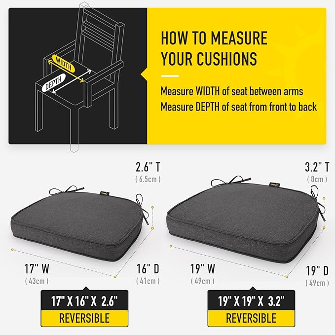 SUNROX Gel Memory Foam Chair Cushions, FadeShield Water-, Stain-Resistant Durable Reversible Seat Cushion Pads with Ties for Indoor/Outdoor Kitchen Dining Office 17"x16" Set of 6, Midnight