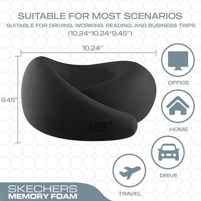 Skechers Memory Foam Travel Pillow,Comfortable & Breathable Airplane Travel Essential,Neck Pillow for Travel,Car Rides,Home, and Office Use,Ergonomic Design for Men and Women,Black