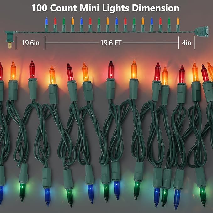 Multicolor Christmas Lights Plug in, 100 Count Multi Colored 21ft Christmas String Lights for Tree, Connectable Traditional Indoor String Lights with Green Wire Xmas Outdoor Decorations