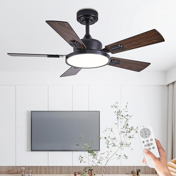 42" Ceiling Fans with Lights Remote Control, Black Ceiling Fan with Dimmable 3CCT LED Light, 6 Speeds Quiet Reversible Wood Ceiling Fan Light for Bedroom, Farmhouse, Garage, Office, Indoor Use
