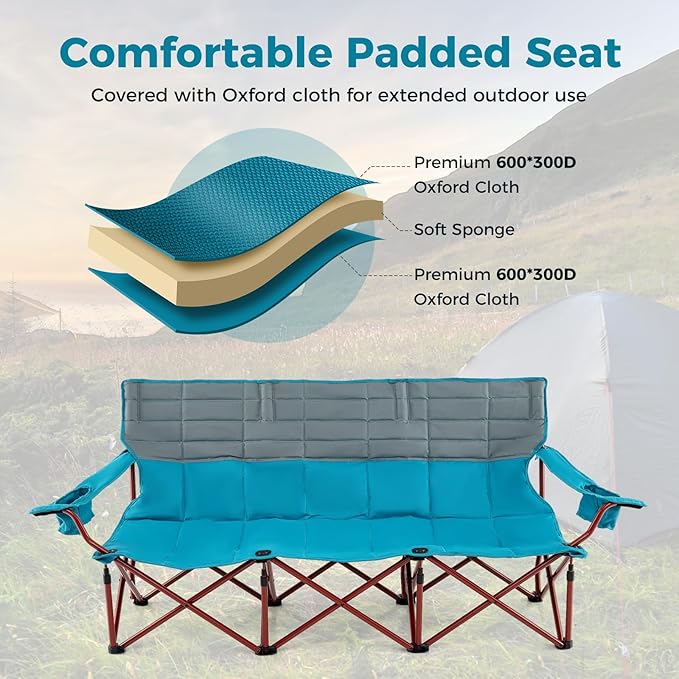 Tangkula 3 Person Oversized Camping Chair, Fully Padded Folding Camp Chair with Adjustable Armrests, Cup Holders, Carrying Bag, Portable Outdoor Lawn Chair for Camping, Support 900LBS
