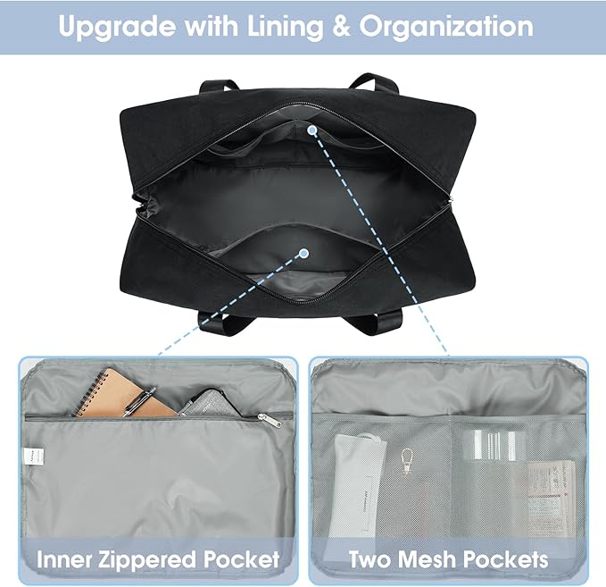 Carry on luaggage 22x14x9 Airlines Approved Foldable Carry on Bag Travel Duffel Packable Duffle Overnight for Women and Men 40L (Black)