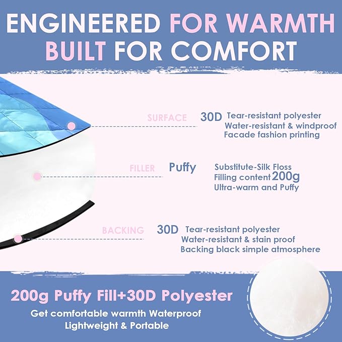 Lightweight Camping Blankets Outdoor Down Alternative Puffy Printed Camping Blanket Waterproof Large Silk Cotton Blanket Packable Warm for Trave Picnic Hiking Camping Cold Weather 78" x 55"