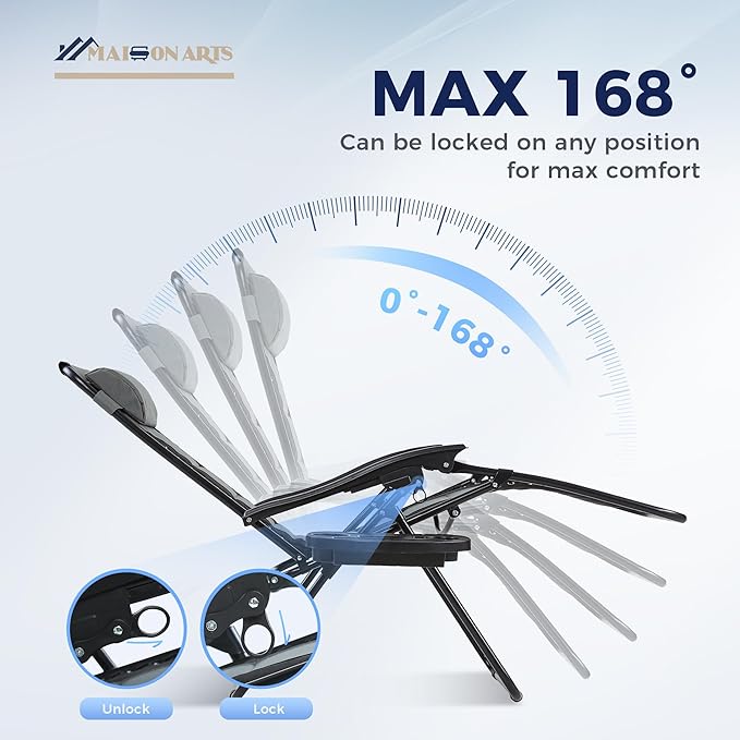 MAISON ARTS Padded Zero Gravity Lawn Chairs Set of 2 Foldable Recliner Anti Gravity Lounge Chairs w/Pillow & Cup Holder Outdoor Camp Chairs for Poolside Backyard Beach Support 350LBS Grey