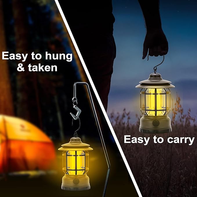 Rechargeable Portable LED Camping Lanterns, Vintage Style Tabletop Lantern, Stepless Dimming, Waterproof - Green, 2 Pack for Camping, Hanging Tent Light, and Power Outages