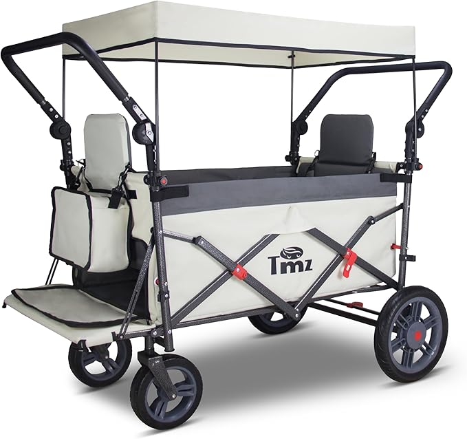 TMZ Foldable Wagon with Canopy, Collapsible Folding Wagon with Adjustable Handle Bar, Multi Functional Cart with Expansion Accessories, Front Expandable Transport Camping Wagon (Grey/Beige)
