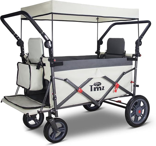 TMZ Foldable Wagon with Canopy, Collapsible Folding Wagon with Adjustable Handle Bar, Multi Functional Cart with Expansion Accessories, Front Expandable Transport Camping Wagon (Grey/Beige)