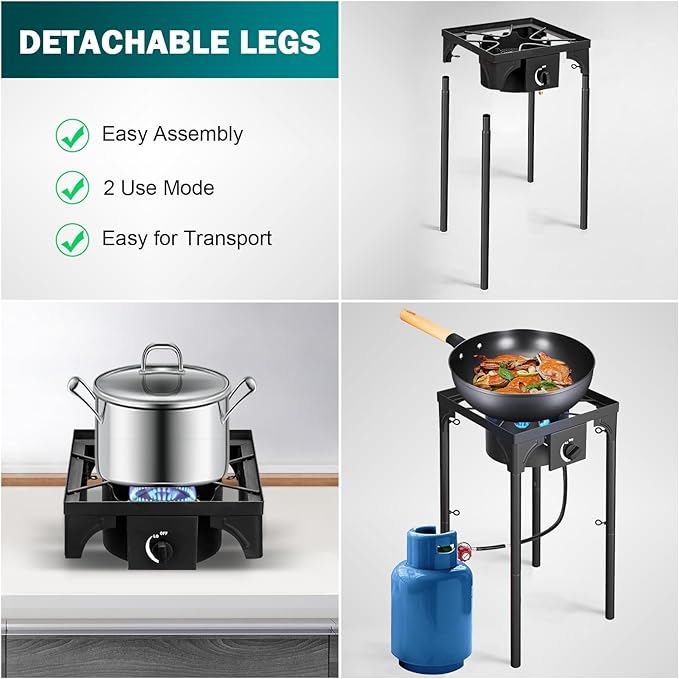 Single Burner Propane Stove, 75,000 BTU/hr, High Pressure Outdoor Propane Burner with 0-20 PSI Regulator and 4ft Hose, Gas Stove for Patio Backyard Camping with Detachable Stand Legs