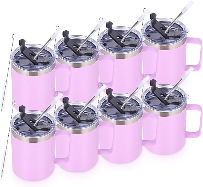 Volhoply 12oz Insulated Leakproof Coffee Mug with Flip & Straw Lid Bulk 8 Pack,Double Wall Vacuum Stainless Steel Travel Tumbler Cup with Handle,Reusable Camping Keep Cold/Hot(Purple,8 Set)