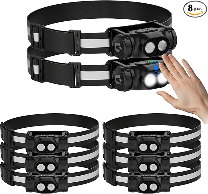 Rechargeable Running Headlamp 8PC, 1500 Lumens Bright Head Lamp Led with Motion Sensor, 4 Modes, Magnet, Detachable Flashlight & Headband for Adult, Outdoor, Emergency, Hard Hat Light