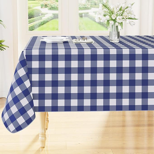 Smiry Rectangle Table Cloth, Waterproof Vinyl Tablecloth with Flannel Backing, Wipeable Buffalo Plaid Table Cover for Dining, Indoor and Outdoor (Navy & White, 60"x120")