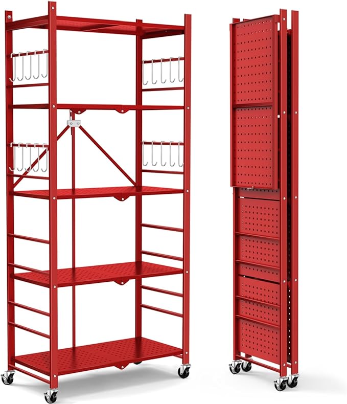 Storage Shelves with 20 Hooks, 5-Tier Foldable Shelves for Storage, Folding Utility Shelf Unit Pantry Shelf with Wheels, Metal Shelving Unit Rack for Garage Christmas Room, Red - No Assembly