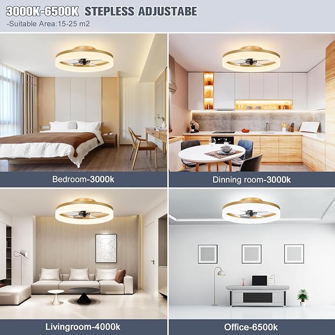 VOLISUN Low Profile Ceiling Fans with Lights and Remote, 19.7in Fandelier Ceiling Fan Flush Mount, 3000K-6500K Smart Bladeless LED Fan Light, Gold Modern Ceiling Fans with Lights for Bedroom