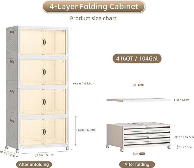 416 QT / 104 Gal Stackable Collapsible Storage Bins with Magnetic Doors & Wheels - Space-Saving Plastic Organizer Cabinet for Closet, Office, Home (White)