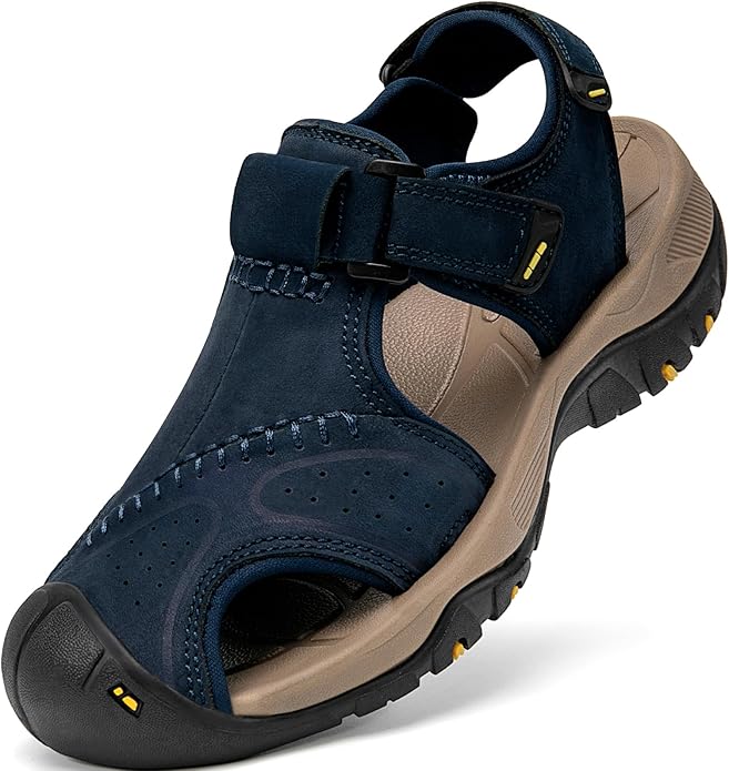 Men's Sport Sandals Closed Toe Leather Hiking Athletic Walking Outdoor Beach Trail River Fishing Water Shoes Lightweight Comfortable Waterproof