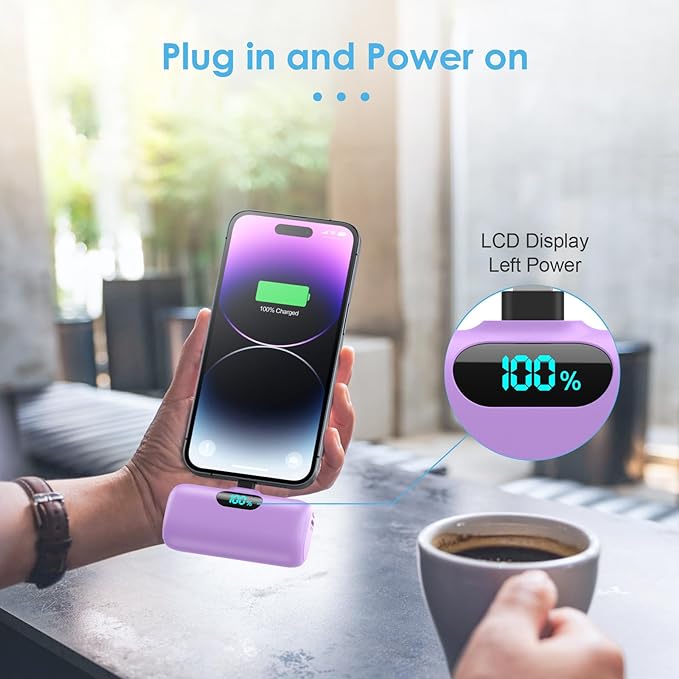 Mini Portable Charger USB C Power Bank,Upgraded 5000mAh PD Fast Charging Battery Pack Built-in USB-C Connector,LCD Display,Compatible with iPhone16,16 Plus,16Pro/Max/15,iPad Pro/Air (Deep Purple)