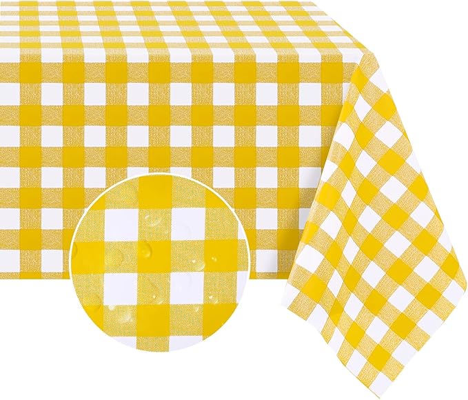 Romanstile Rectangle Vinyl PVC Tablecloth, 100% Waterproof Buffalo Plaid Plastic Table Cloth, Oil Proof Heavy Duty Wipeable Table Covers for Dining/Camping/Picnic/Outdoor - 54 x 78, Yellow and White