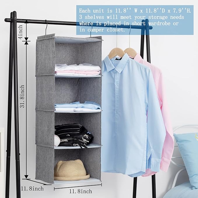 Hanging Closet Organizer, Easy Mount Collapsible 4-Shelf Camper Closet Wardrobe Hanging Storage Shelves, Folded Clothes Towels Handbag Shoes Accessories Storage, Linen Cloth, Gray