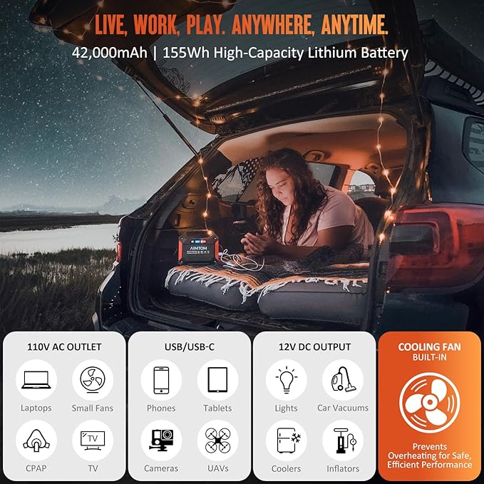 AIMTOM 155Wh Portable Power Station with 30W Solar Panel – 150W Peak/110V AC, 18W USB-C, 2x USB-A & 12V DC – Solar Generator for Camping, Home, RV, Travel & Emergencies