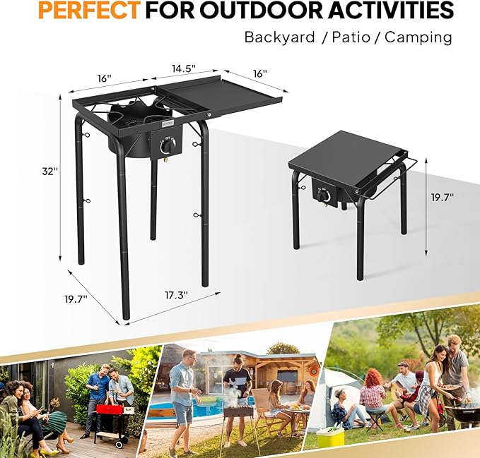 ROVSUN Single Burner Gas Stove with Side Shelf, 100,000BTU Portable Propane Stove with Removable Leg & Regulator for Camping Home Backyard Outdoor Cooking Brewing Canning Turkey Frying