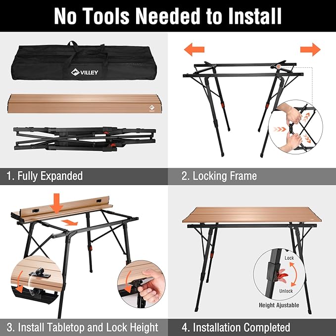 VILLEY Portable Camping Table with Adjustable Legs, Lightweight Aluminum Folding Beach Table with Carrying Bag for Outdoor Cooking, Picnic, Beach, Backyards, BBQ and Party