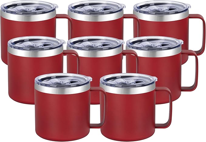 VEGOND 14 oz Insulated Coffee Mug Bulk with Handle, Stainless Steel Travel Coffee Mug with Lid, Double Wall Vacuum Metal Coffee Cup, Coffee Tumbler Powder Coated, Red 8 Pack