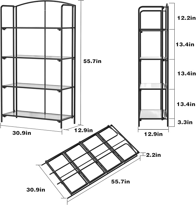 Crofy No Assembly Folding Bookshelf for Living Room, 4 Tier Black Collapsible Book Shelf for Home Office, Portable Bookcase Storage Organizer